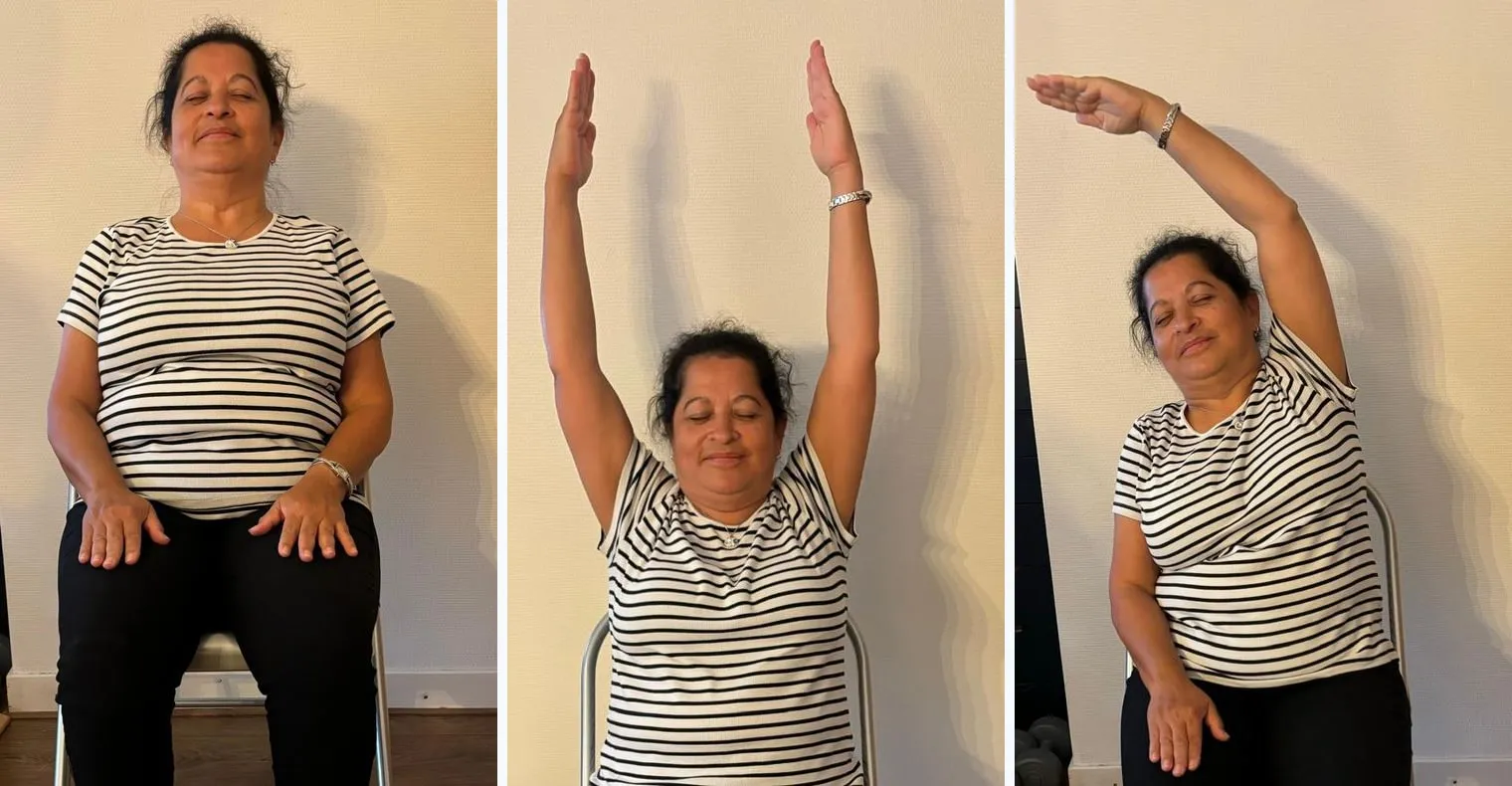 Three chair yoga poses demonstrated on a sturdy armless chair: sitting tall with the hands resting on the thighs, both arms raised overhead, and a seated side stretch with one arm reaching overhead.